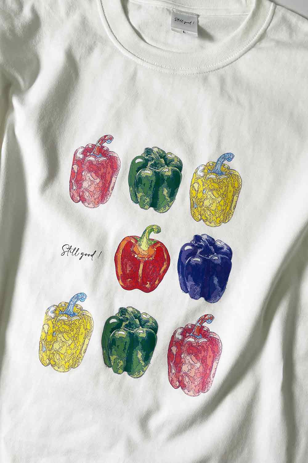 【Still good!】ポップで可愛い！虫食いパプリカのTシャツ-Pastel Bug-bitten Paprika Tee/cotton 100%/size:S-XXL