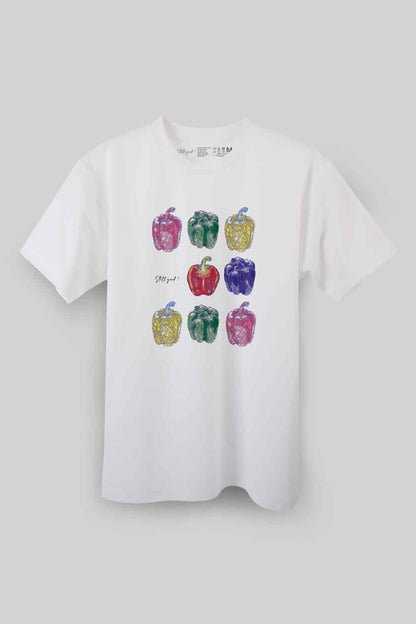 【Still good!】ポップで可愛い！虫食いパプリカのTシャツ-Pastel Bug-bitten Paprika Tee/cotton 100%/size:S-XXL